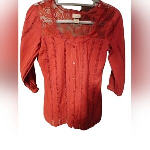 Daytrip Women's Rust Color 3/4 Sleeve, Lace Detail, Semi Sheer Blouse Size Small